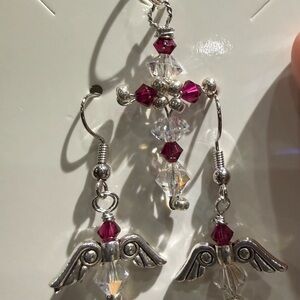 Beaded Cross and Silver and Pink Angel Wing Jewelry Set. Includes Pocket Jesus!